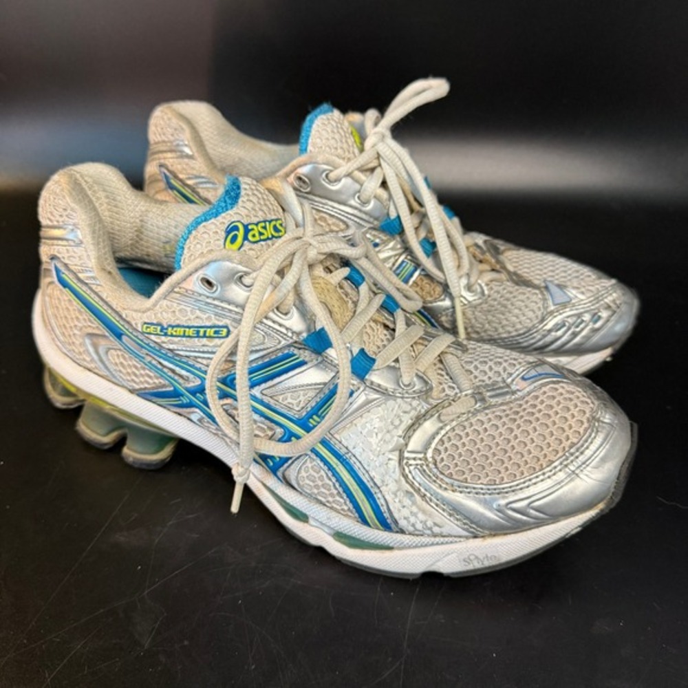 Asics Gel-Kinetic 3 T087N Silver Blue Synthetic Mesh Running‎ Shoes Womens US 7